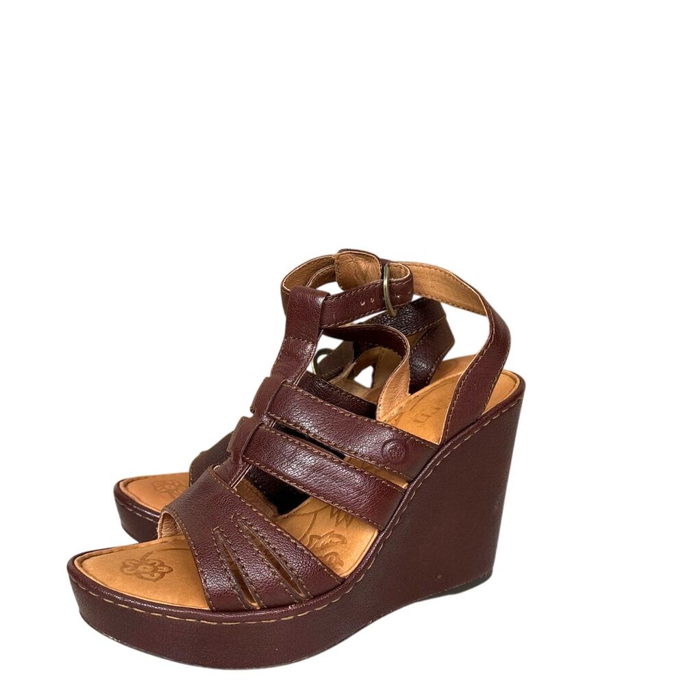 Born Womens 8 Brown Filomenta Leather Wedge Platform Sandal Buckle Ankle Casual